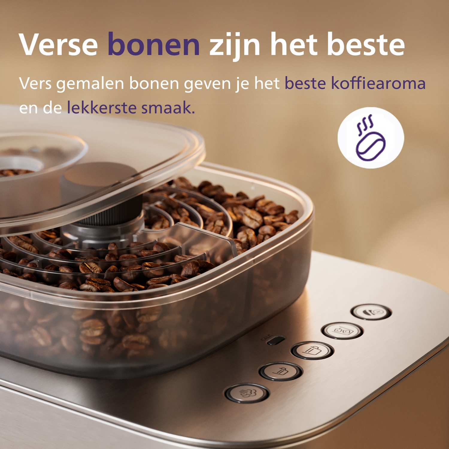 Coffee machine with bean hopper filled with whole beans and control buttons.