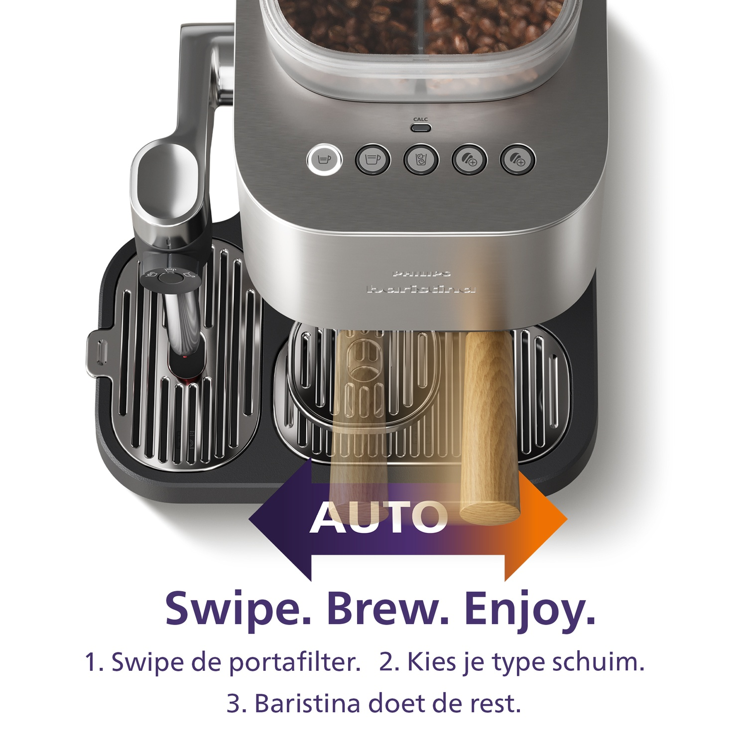 Silver Philips Baristina coffee machine with bean hopper and instructions for automatic brewing.