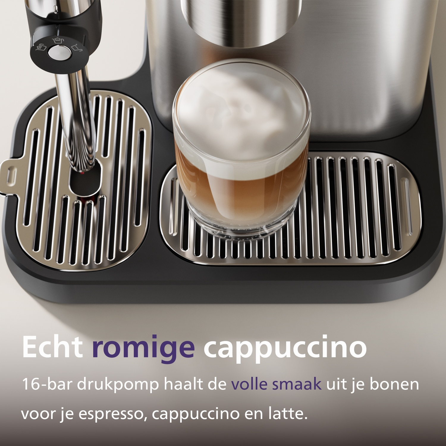A coffee machine with a glass cup of cappuccino on a metal drip tray, featuring Dutch text.