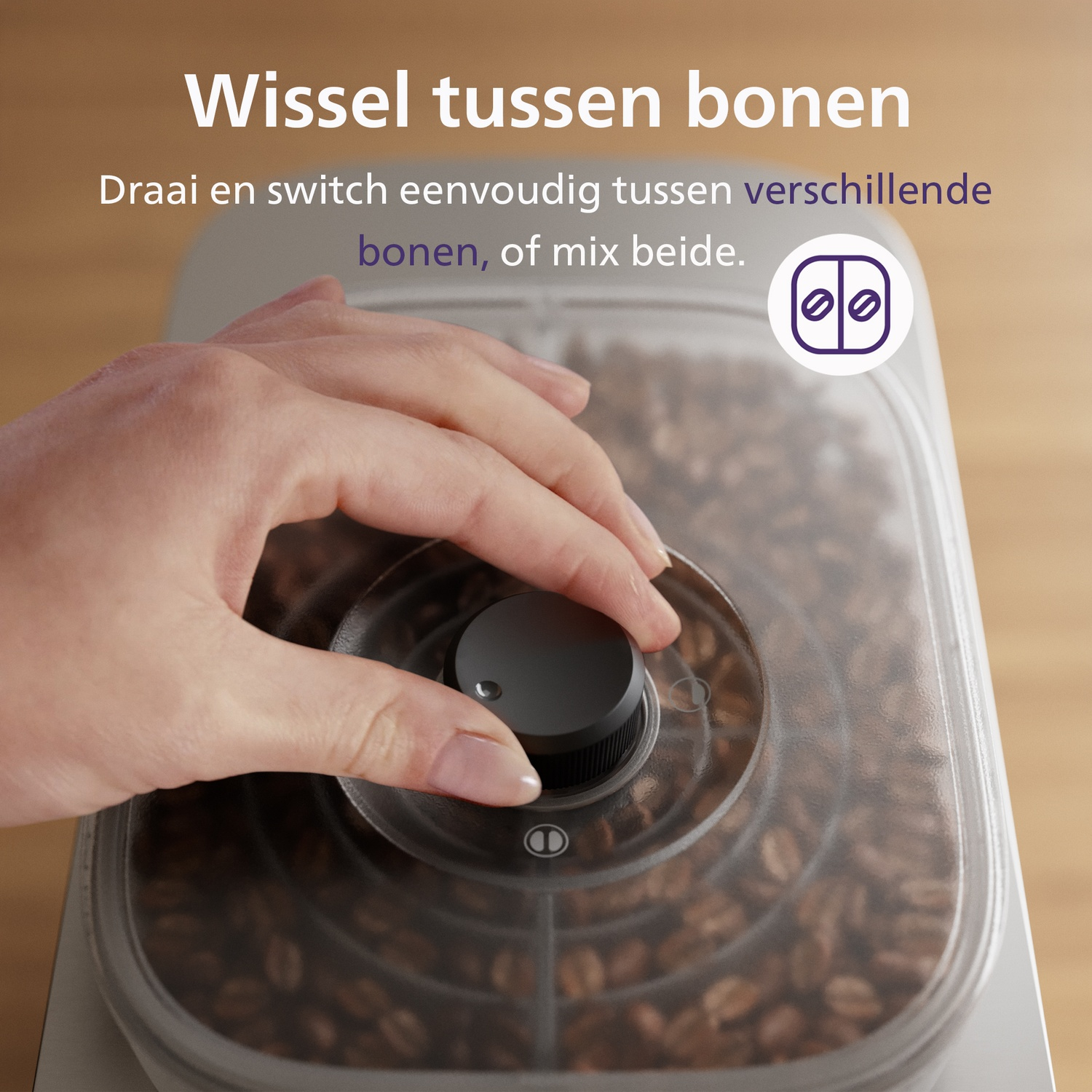Hand turning a dial on a container filled with coffee beans, with text above.