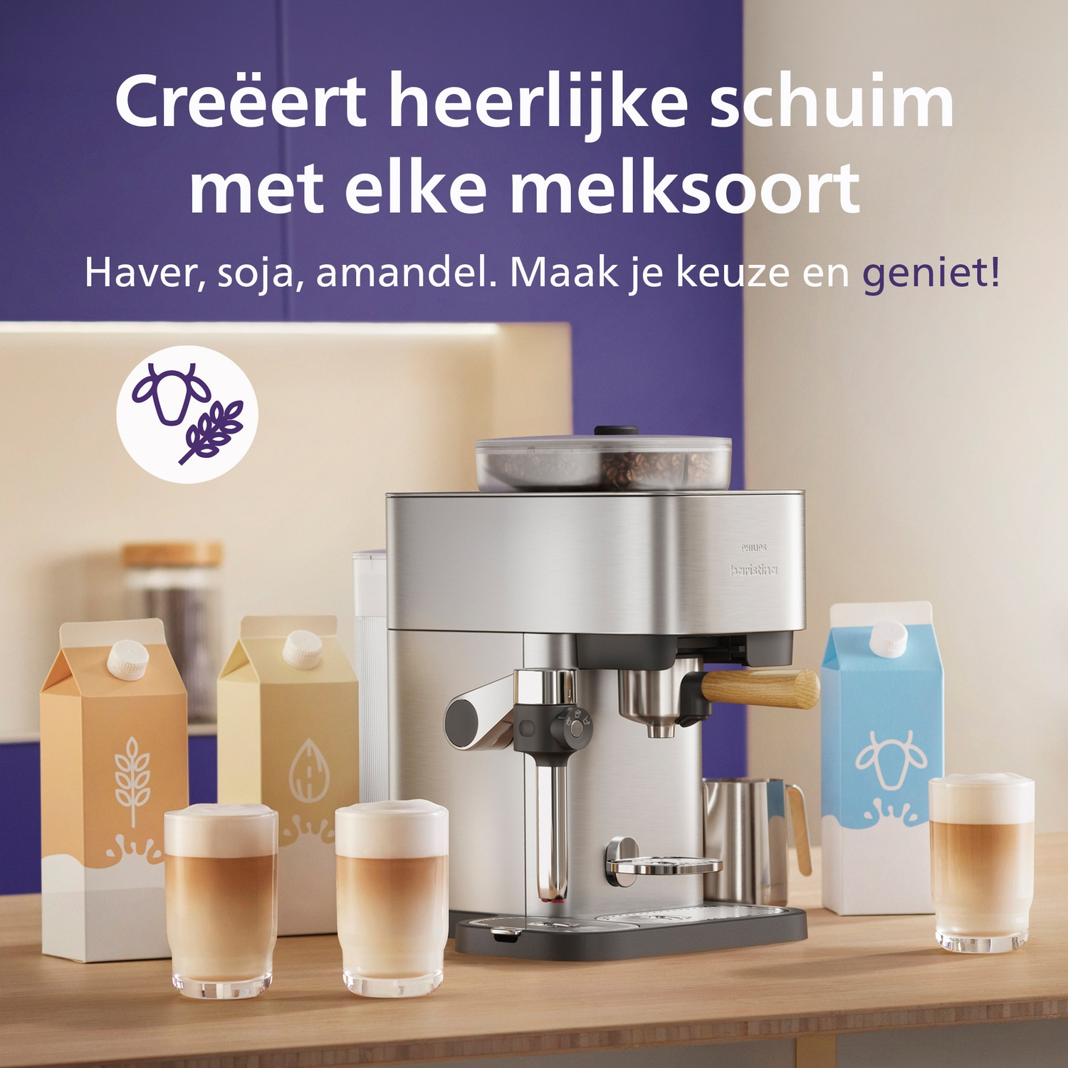 A coffee machine stands on a table with milk cartons and glasses of latte. Dutch text above.