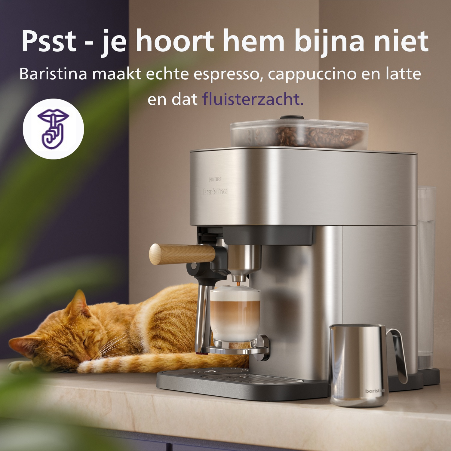 A silver Philips Baristina coffee machine on a counter with an orange cat sleeping peacefully beside it.
