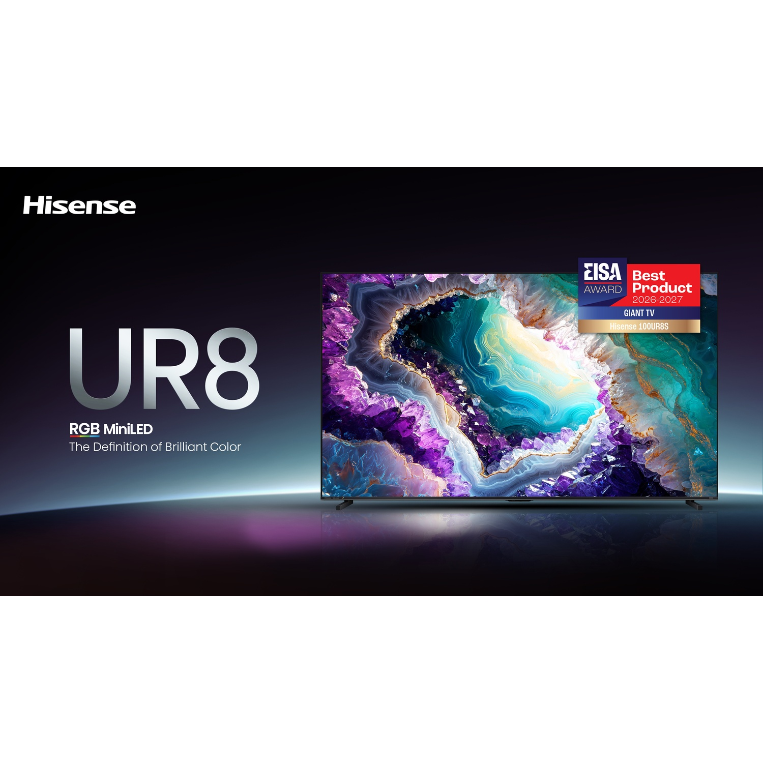Hisense UR8 RGB MiniLED TV displaying a colorful image, with EISA award badge against a dark background with text.