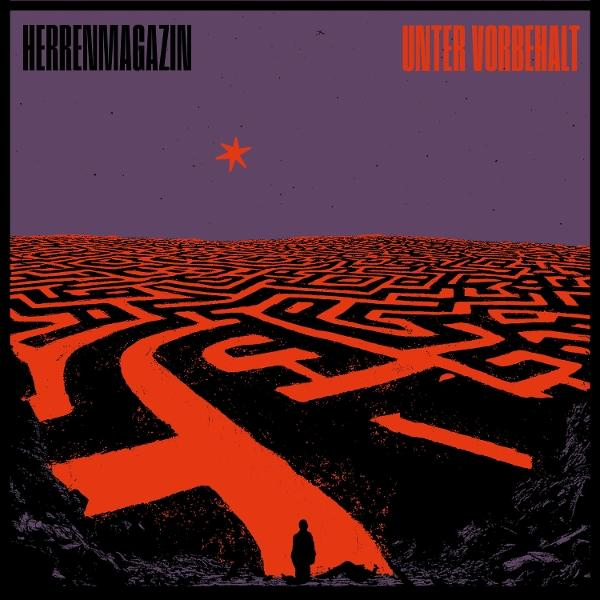 Eine kleine Figur steht vor einem riesigen, rot-schwarzen Labyrinth unter einem violetten Himmel mit einem roten Stern.