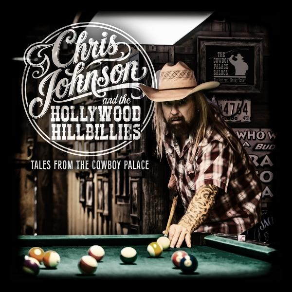 Ein Cowboy mit Hut spielt Billard, im Hintergrund Bandlogo Chris Johnson and the Hollywood Hillbillies.