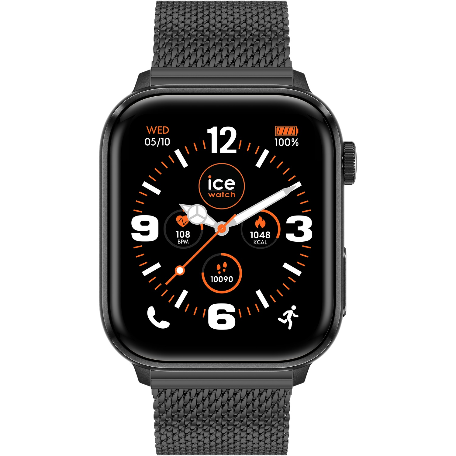 Black Ice-Watch smartwatch with metal strap and black digital face displaying time, heart rate, and steps.