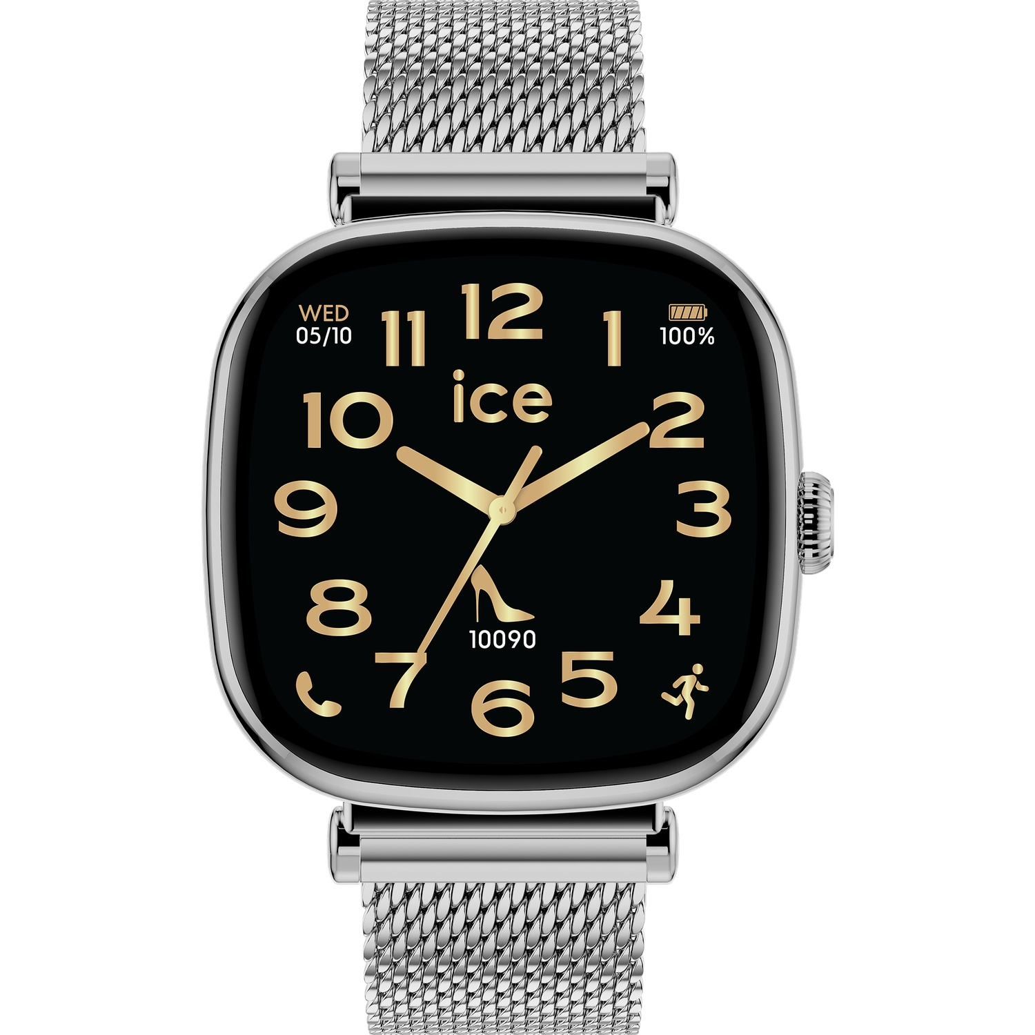 A square smartwatch with a silver mesh strap, black dial, and gold numbers and hands.