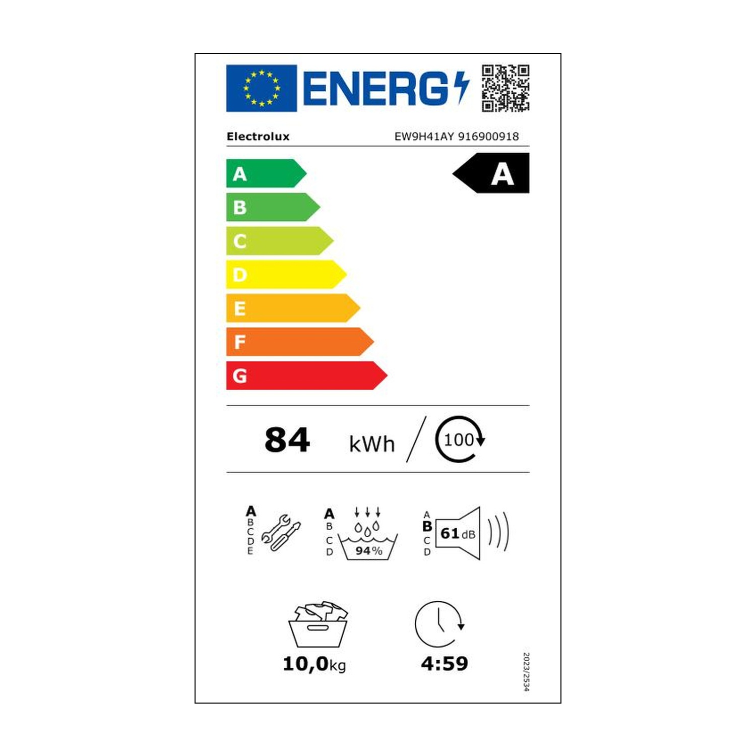 Etichetta energetica UE per asciugatrice Electrolux con classe A, 84 kWh, capacità 10,0 kg e 61 dB di rumore.