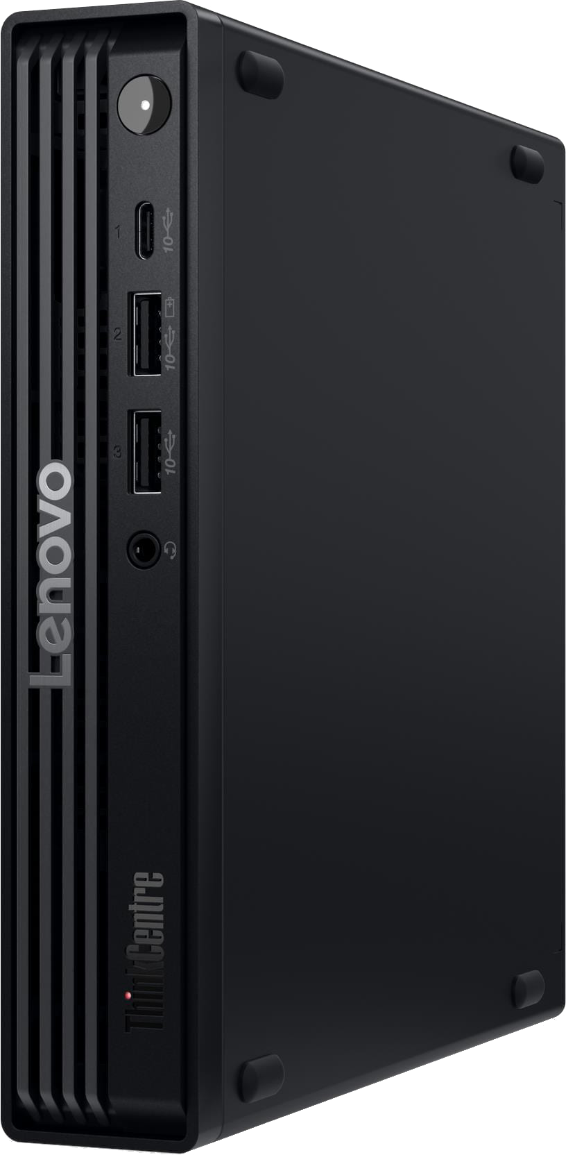 Fekete Lenovo ThinkCentre mini PC elülső portokkal és logóval.