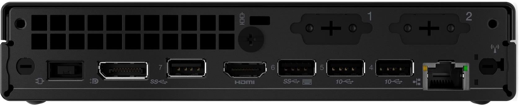 Fekete mini PC hátlapja USB, HDMI, DisplayPort és Ethernet csatlakozókkal.