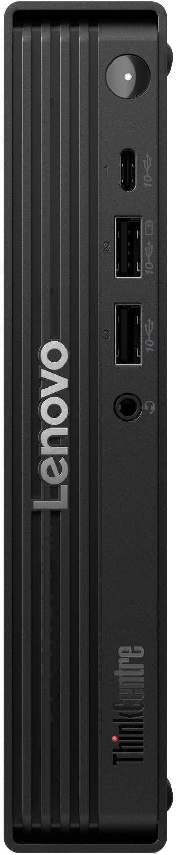 Fekete Lenovo ThinkCentre mini PC elülső nézete bekapcsológombbal, USB-portokkal és audió csatlakozóval.