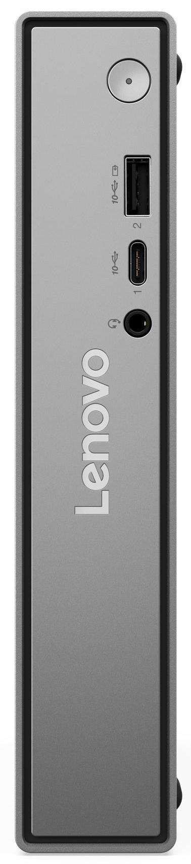 A szürke Lenovo dokkolóállomás elülső nézete bekapcsológombbal, USB-A, USB-C és audio porttal.