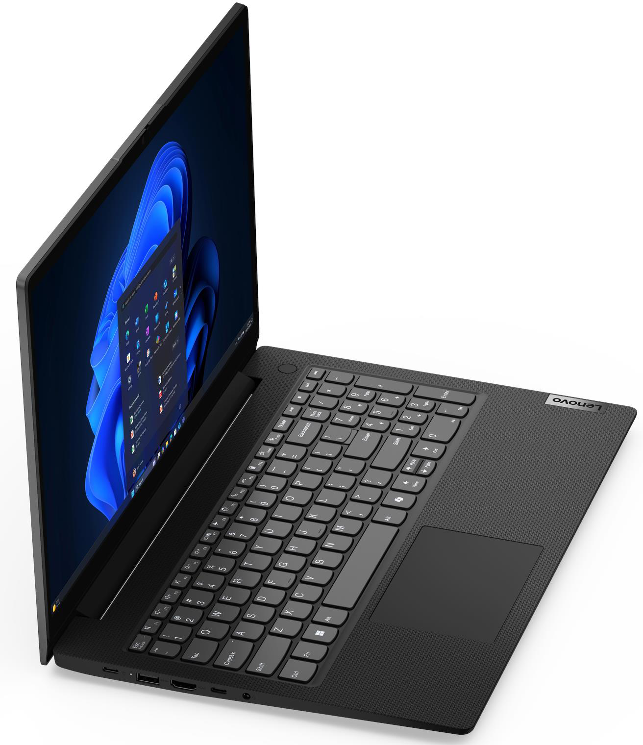 Fekete Lenovo laptop kivilágított kék képernyővel és numerikus billentyűzettel fehér háttéren.