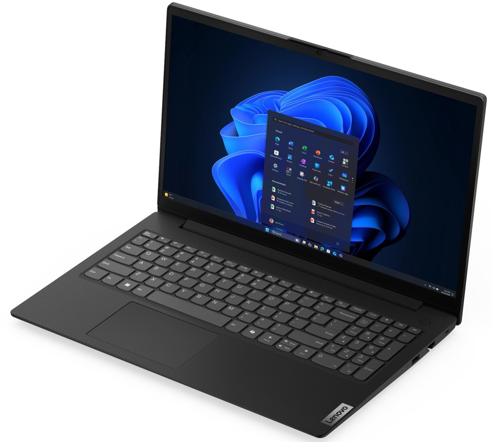 Fekete Lenovo laptop Windows 11 kezdőképernyővel, kissé megemelt szögből fotózva.