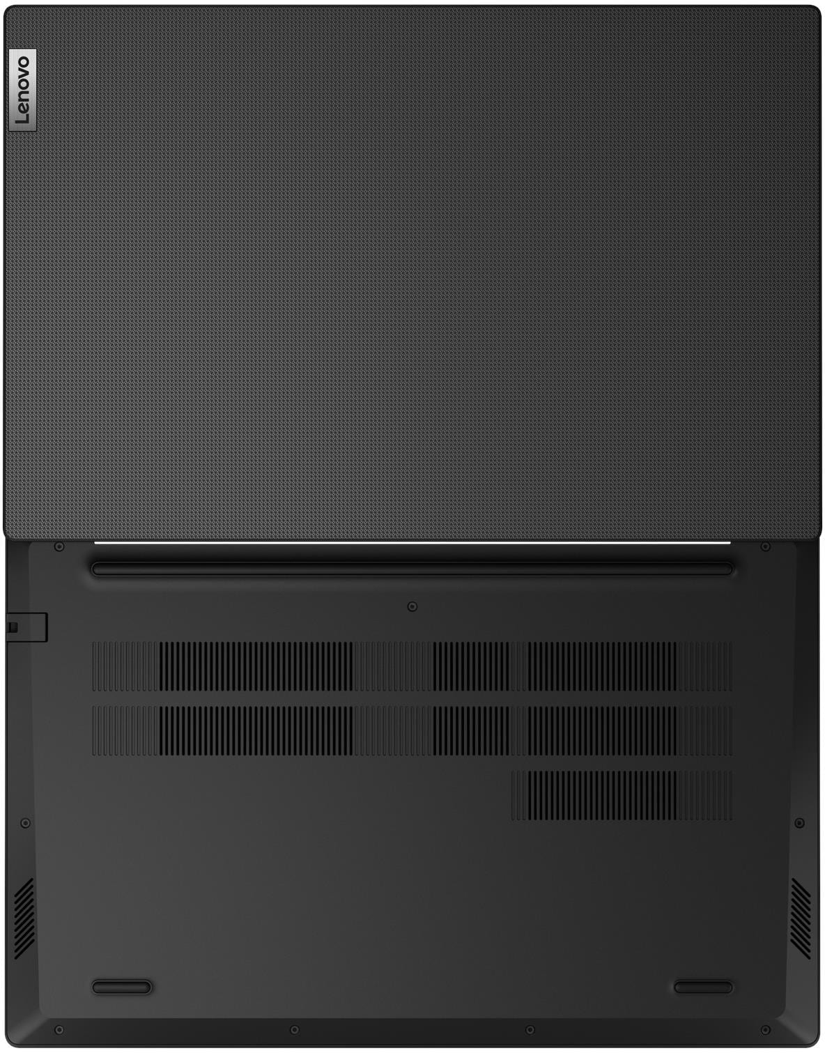 Egy fekete Lenovo laptop alja szellőzőnyílásokkal és a bal felső sarokban található Lenovo logóval.