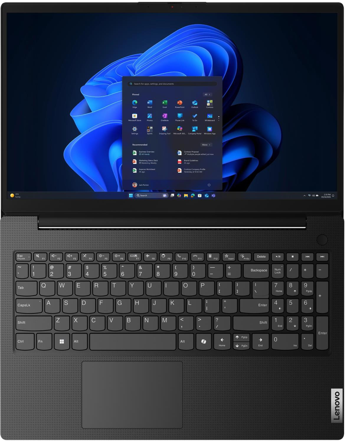 Egy Lenovo laptop Windows 11 asztallal, a Start menü megnyitva a kék képernyőn.