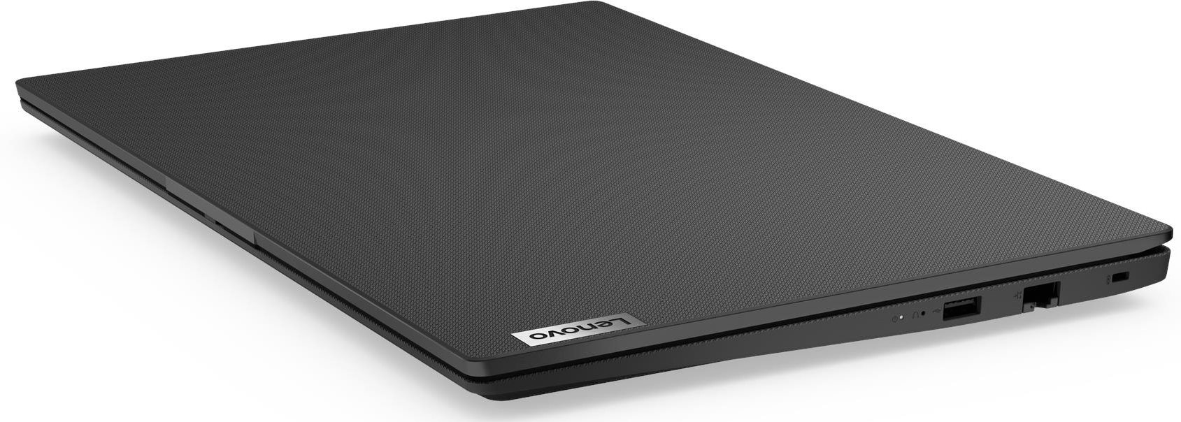 Zárt fekete Lenovo laptop texturált fedéllel és oldalsó csatlakozókkal fehér háttér előtt.