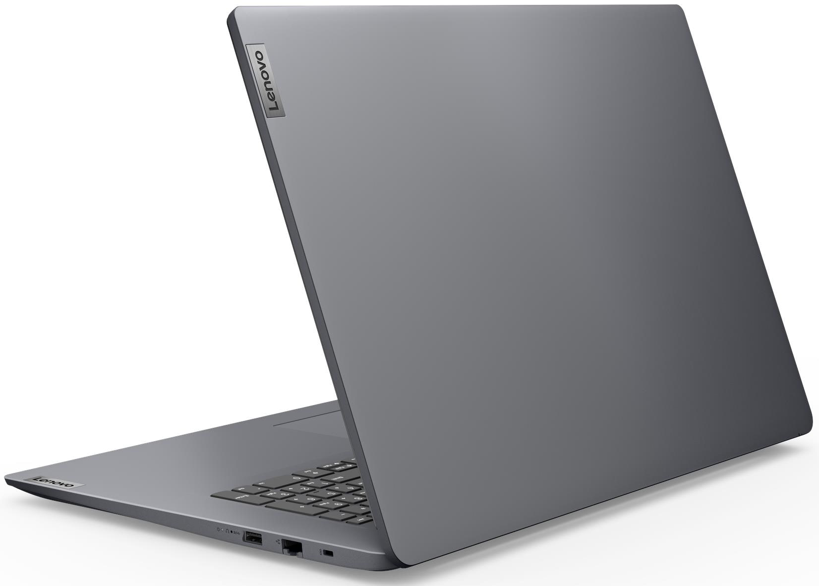 Szürke Lenovo laptop nyitott állapotban, billentyűzettel és logóval.