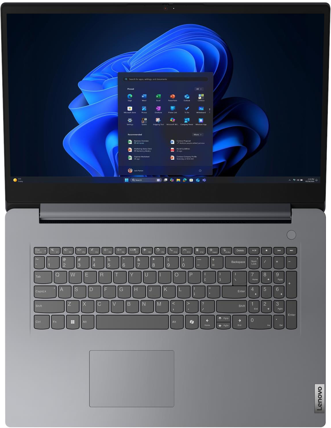 Szürke Lenovo laptop megnyitott Start menüvel a kék Windows 11 asztalon.