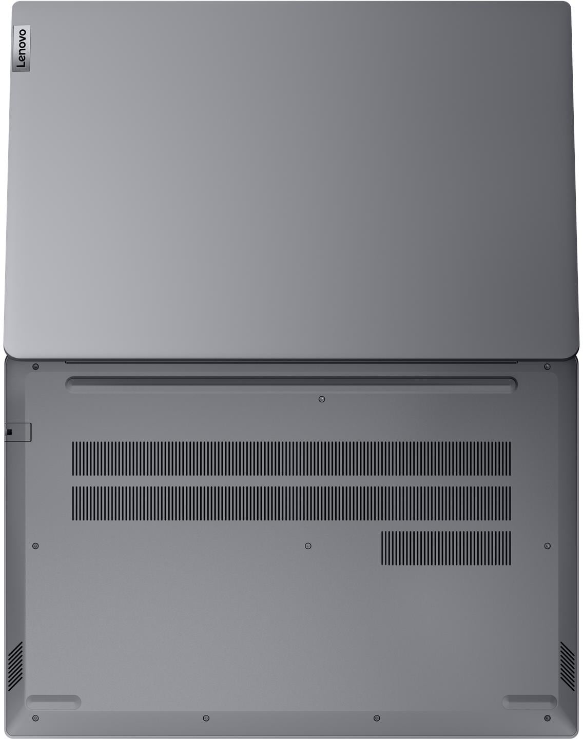 Szürke Lenovo laptop a felső fedéllel  és szellőzőnyílásos alsóborítással.
