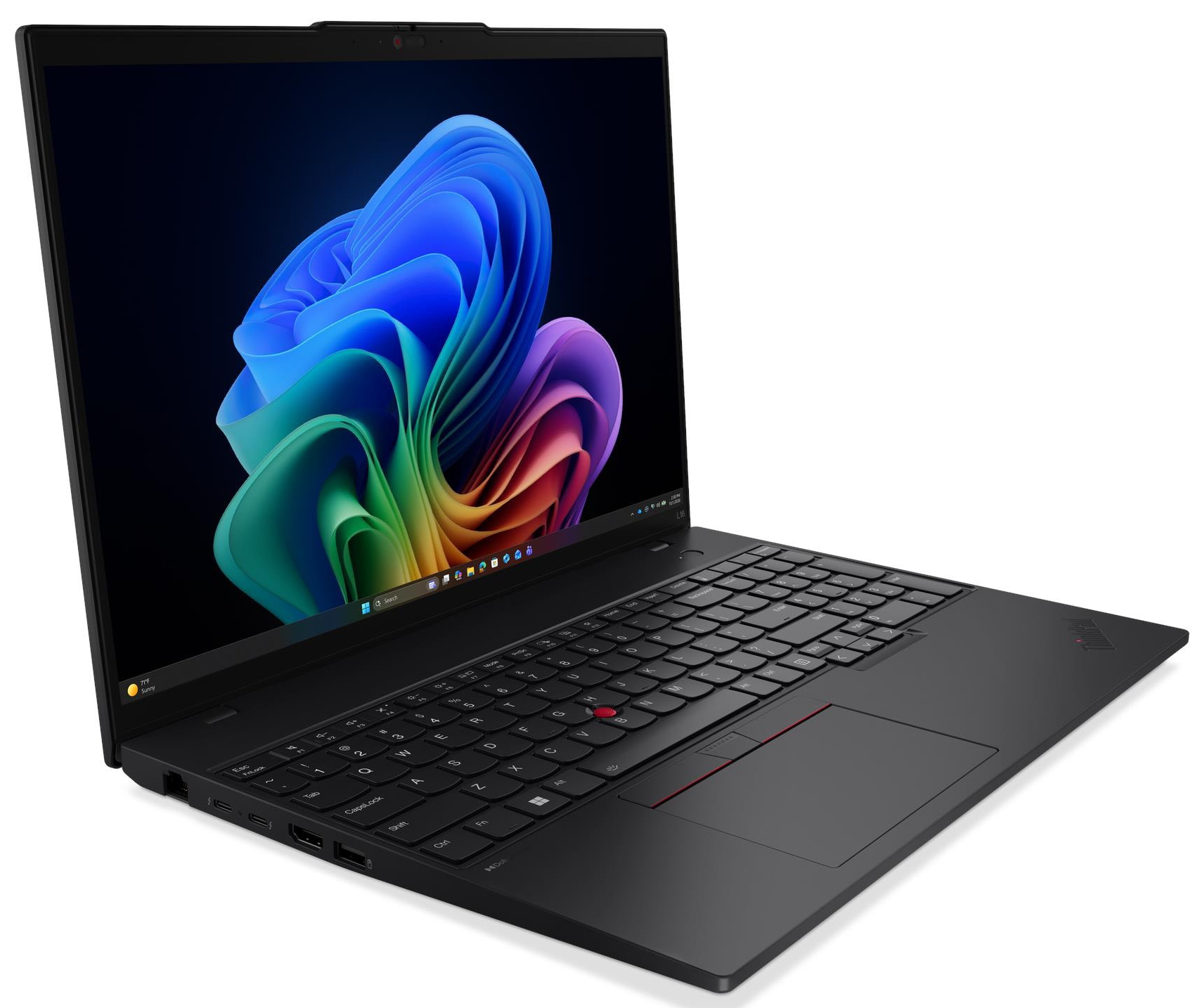 Egy fekete laptop fehér háttérrel, színes Windows 11 háttérképpel a képernyőn.