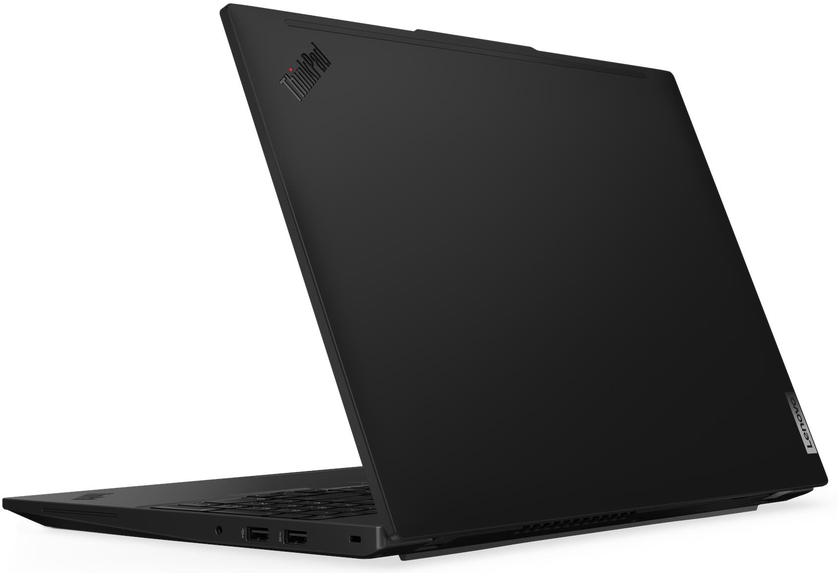 Egy fekete ThinkPad laptop áll egy fehér felületen, a jobb oldala látható a csatlakozókkal.