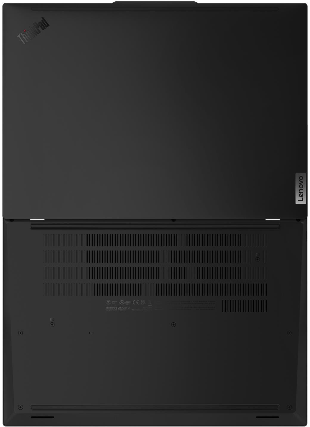 Felülnézet egy zárt fekete laptopról, ThinkPad és Lenovo logókkal, valamint alsó szellőzőnyílásokkal.