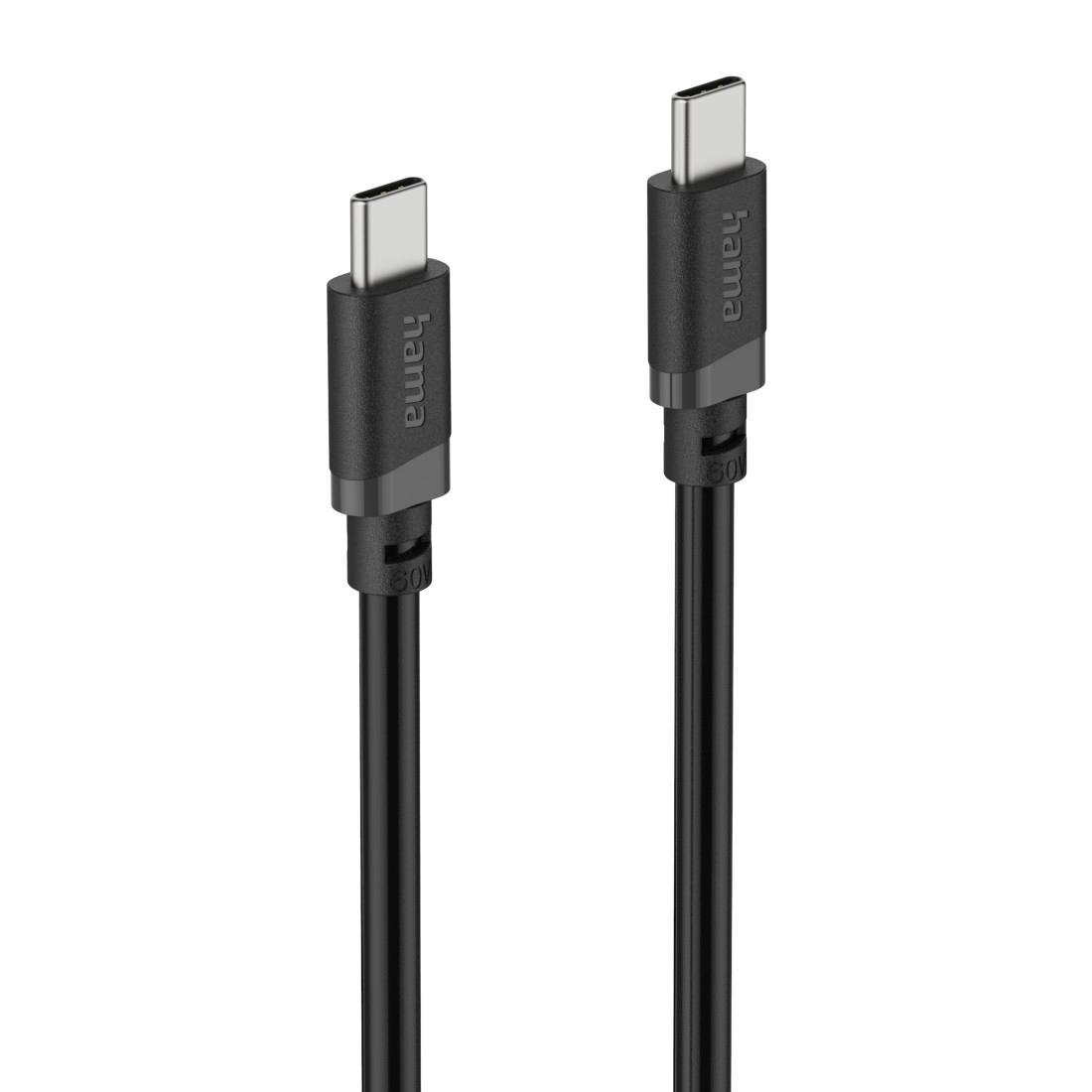 Zwei schwarze USB-C-Kabel mit Hama-Branding an den Steckern vor weißem Hintergrund.