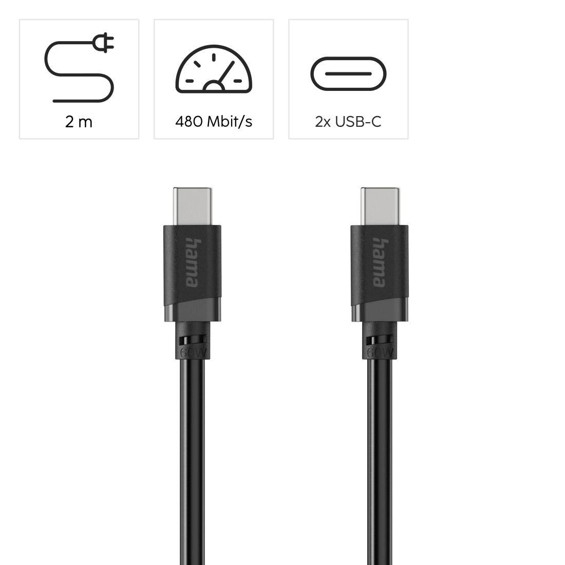 Zwei schwarze Hama USB-C-Kabel mit 2m Länge und 480 Mbit/s.