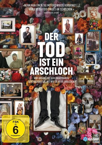 Plakat mit Blumenhintergrund, kleinen Fotos, Text und einer Schädelabbildung.