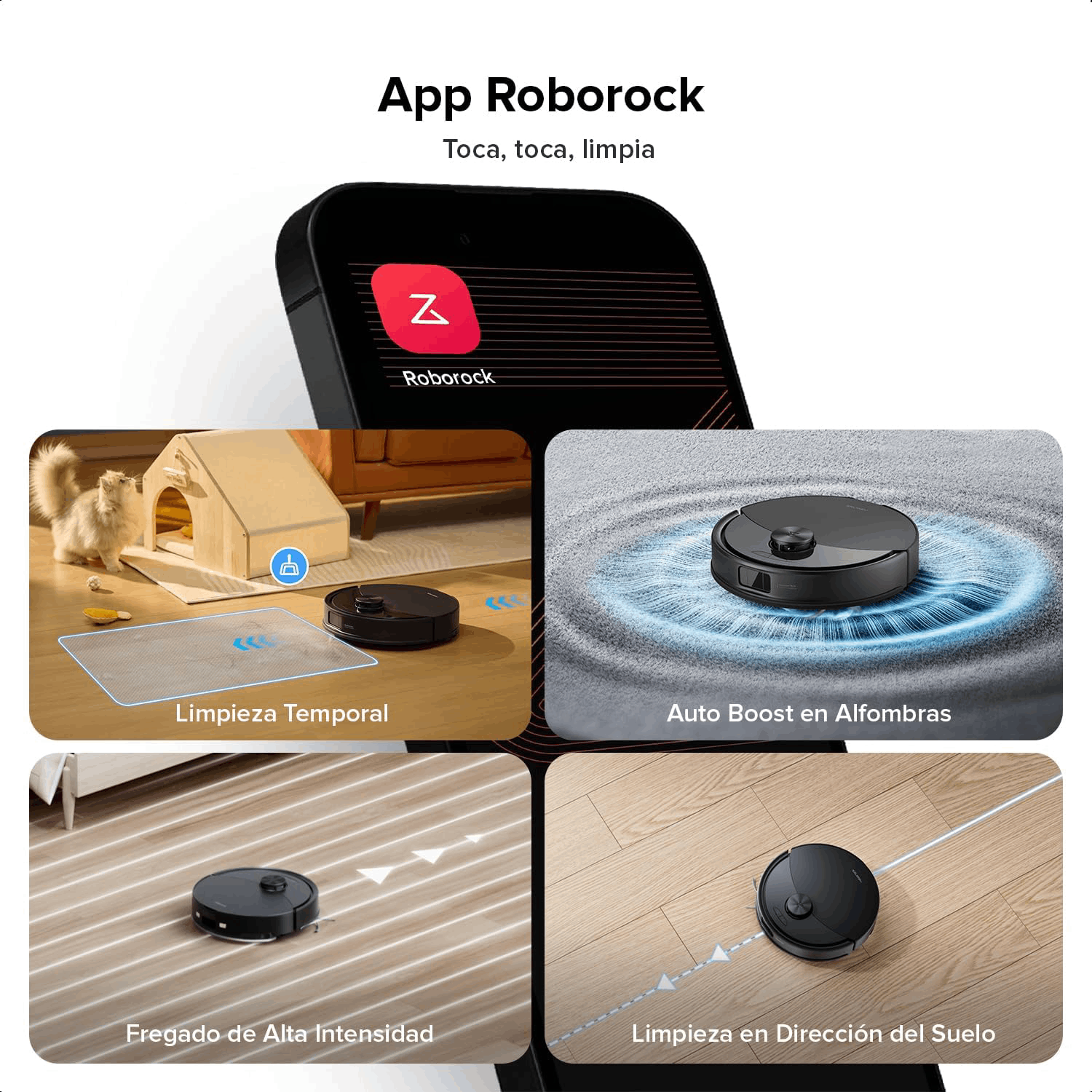 Smartphone con app Roborock muestra robot aspirador en varios modos de limpieza sobre suelo de madera y alfombra.