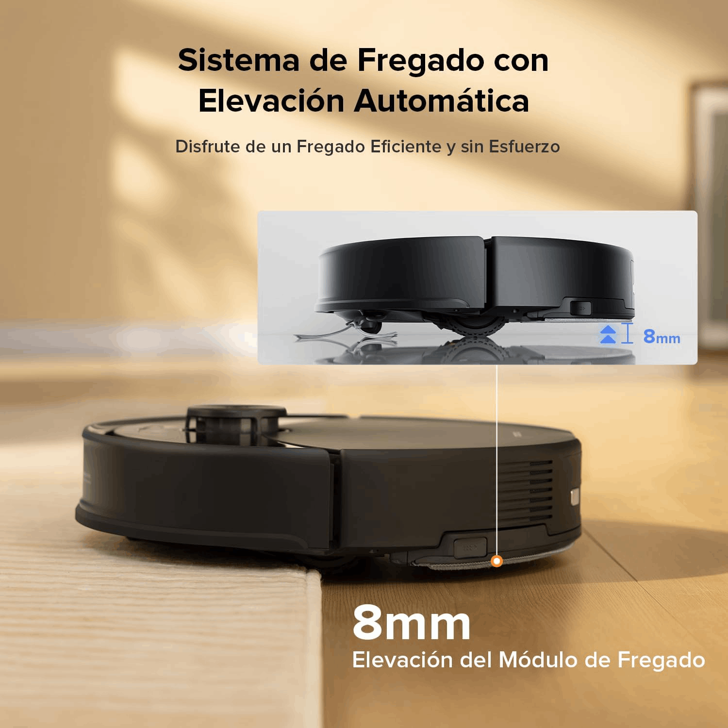 Un robot aspirador negro levanta su mopa 8mm para proteger la alfombra.