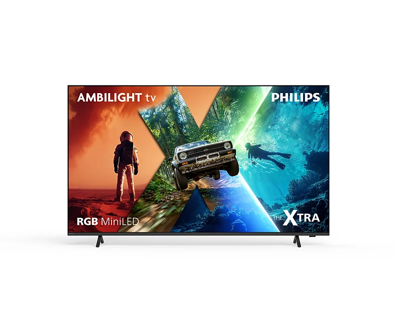 Ein Philips Ambilight Fernseher zeigt ein X-förmiges Bild mit Astronauten, Auto und Taucher.