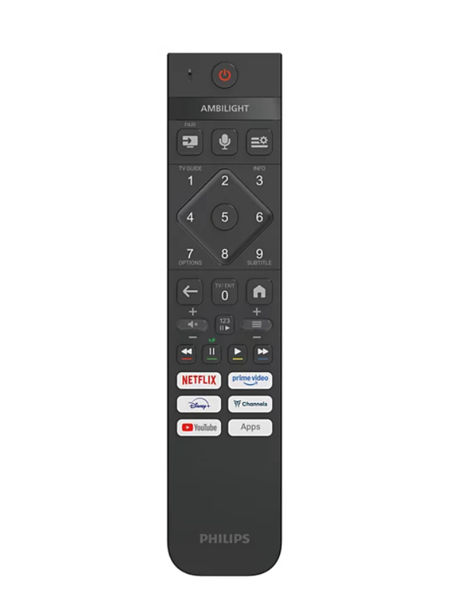 Eine schwarze Philips Ambilight TV-Fernbedienung mit Zifferntasten und Streaming-App-Verknüpfungen.