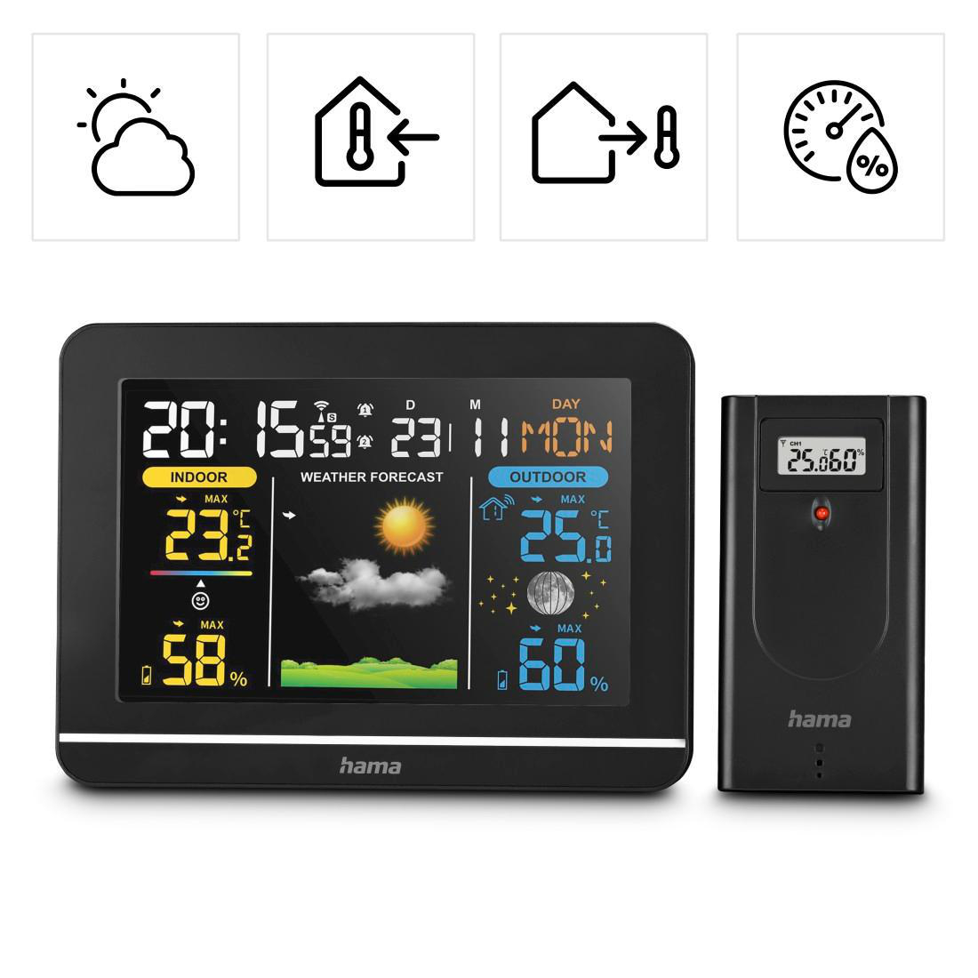 Digitale Wetterstation mit Display für Innen- und Außentemperatur, Luftfeuchtigkeit und Uhrzeit.