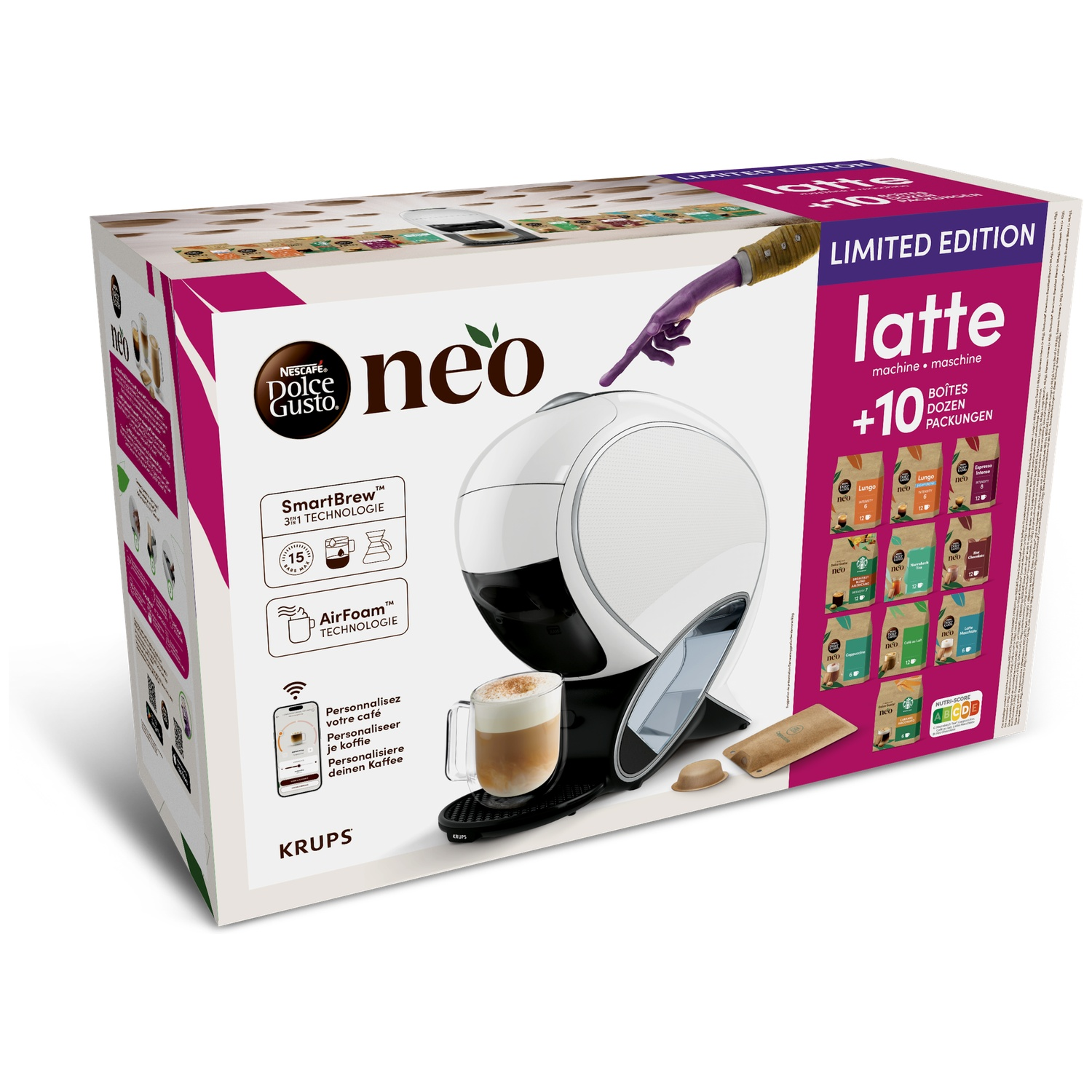 Packaging for Krups Nescafé Dolce Gusto Neo Latte coffee machine with a coffee mug and pods.