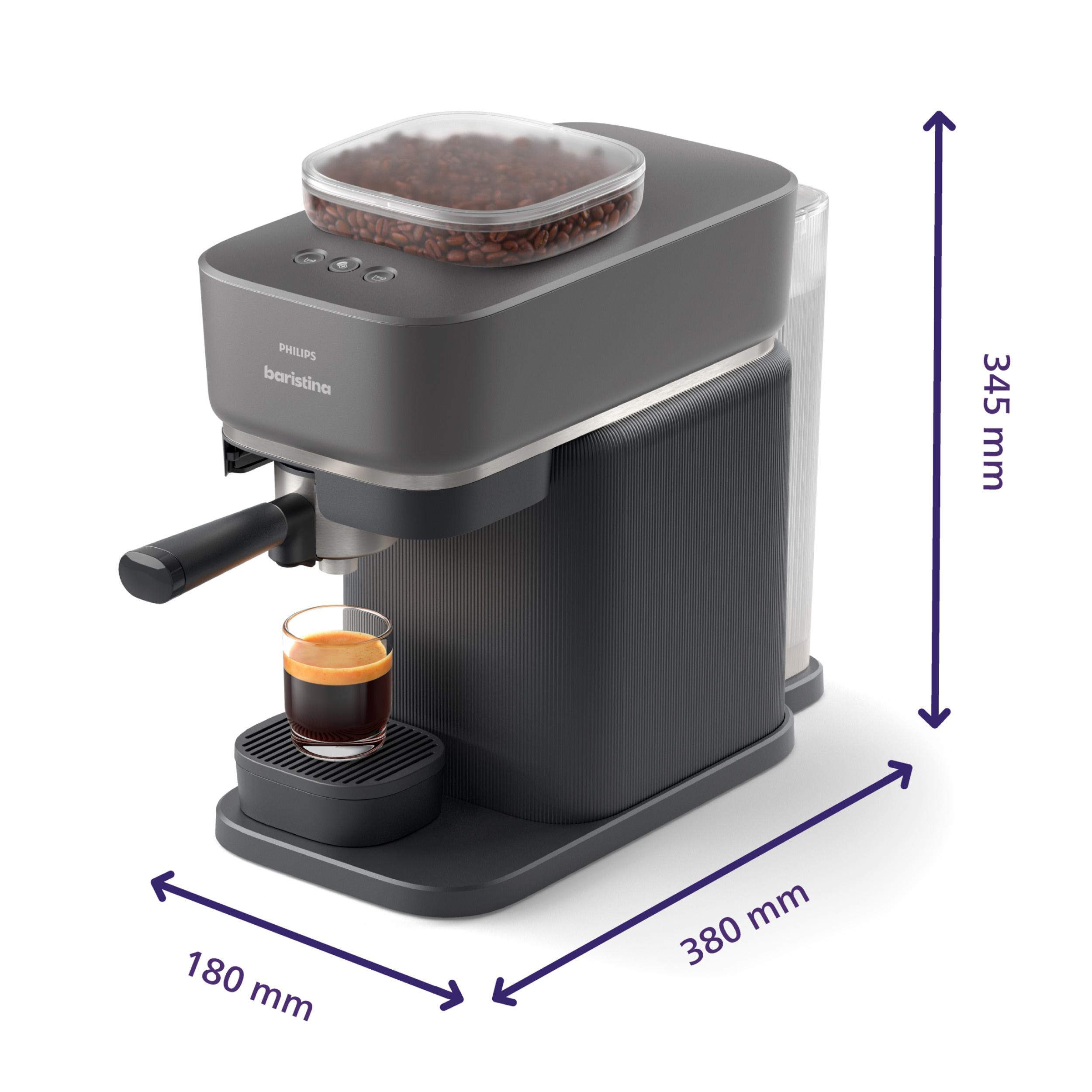 Graue Philips Baristina Kaffeemaschine mit Bohnenbehälter, Brühgruppe und Maßen von 345x380x180 mm.