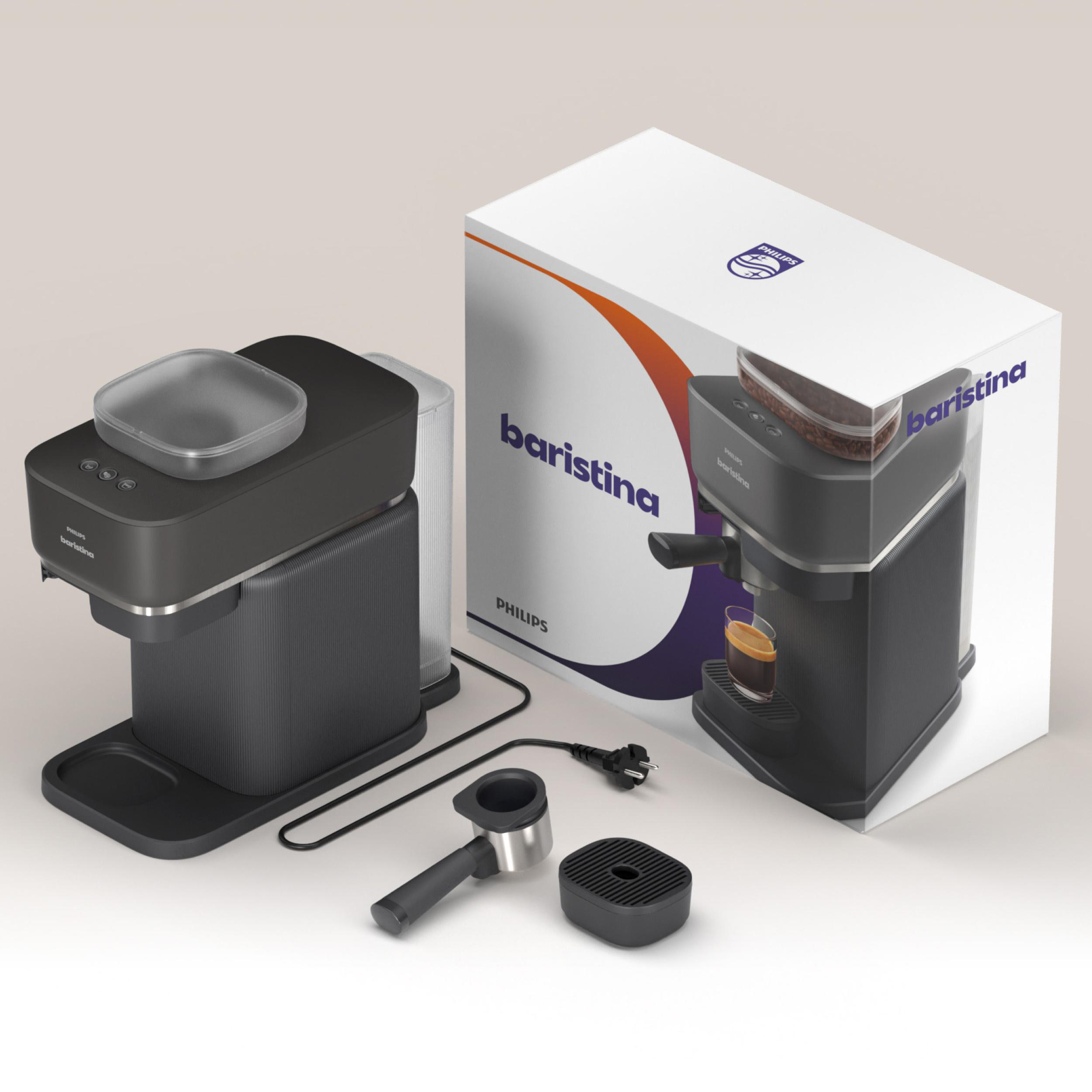 Schwarze Philips Baristina Kaffeemaschine mit Zubehör und großer Produktverpackung auf hellem Hintergrund.