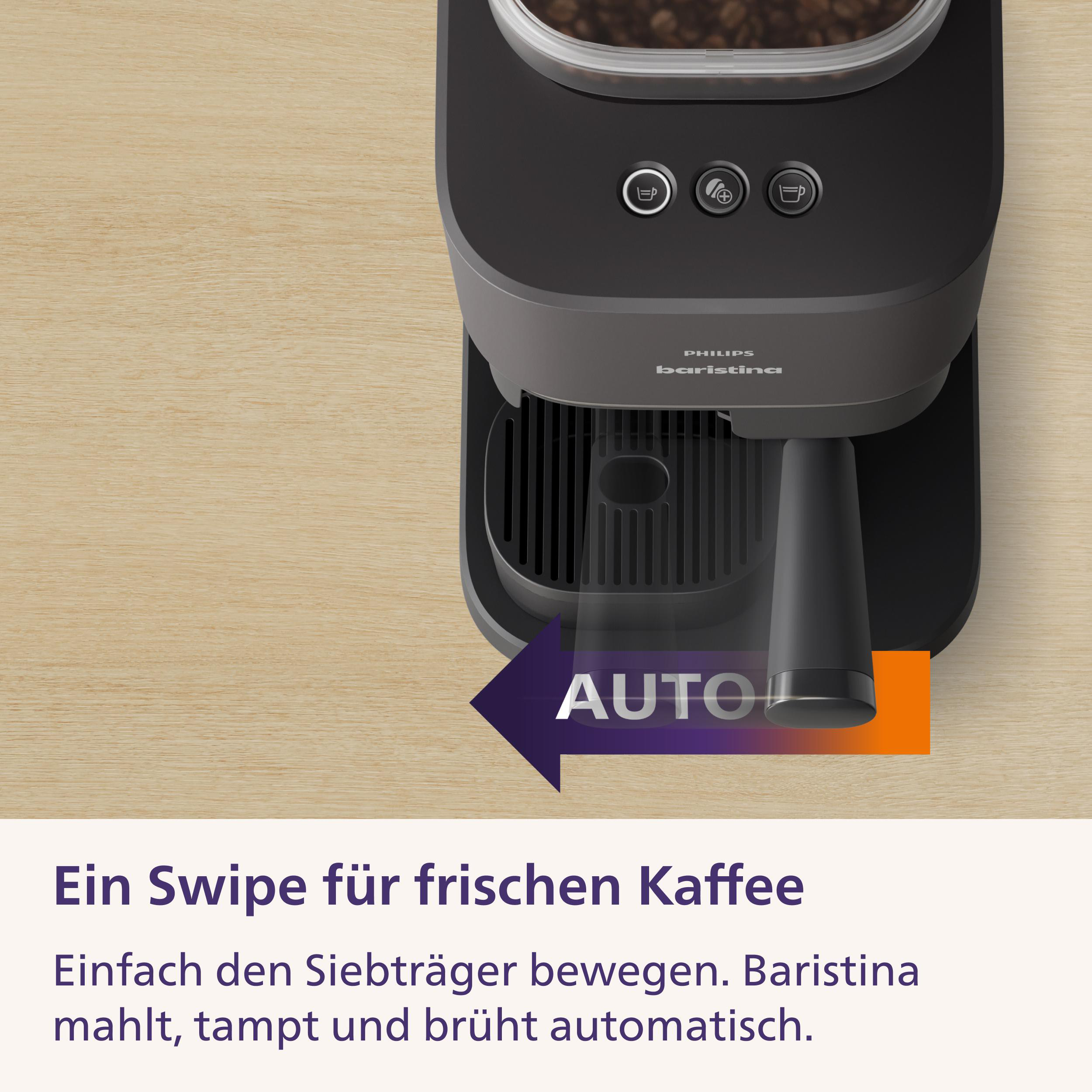 Eine schwarze Philips Baristina Kaffeemaschine mit automatischem Siebträger und Swipe-Anzeige.
