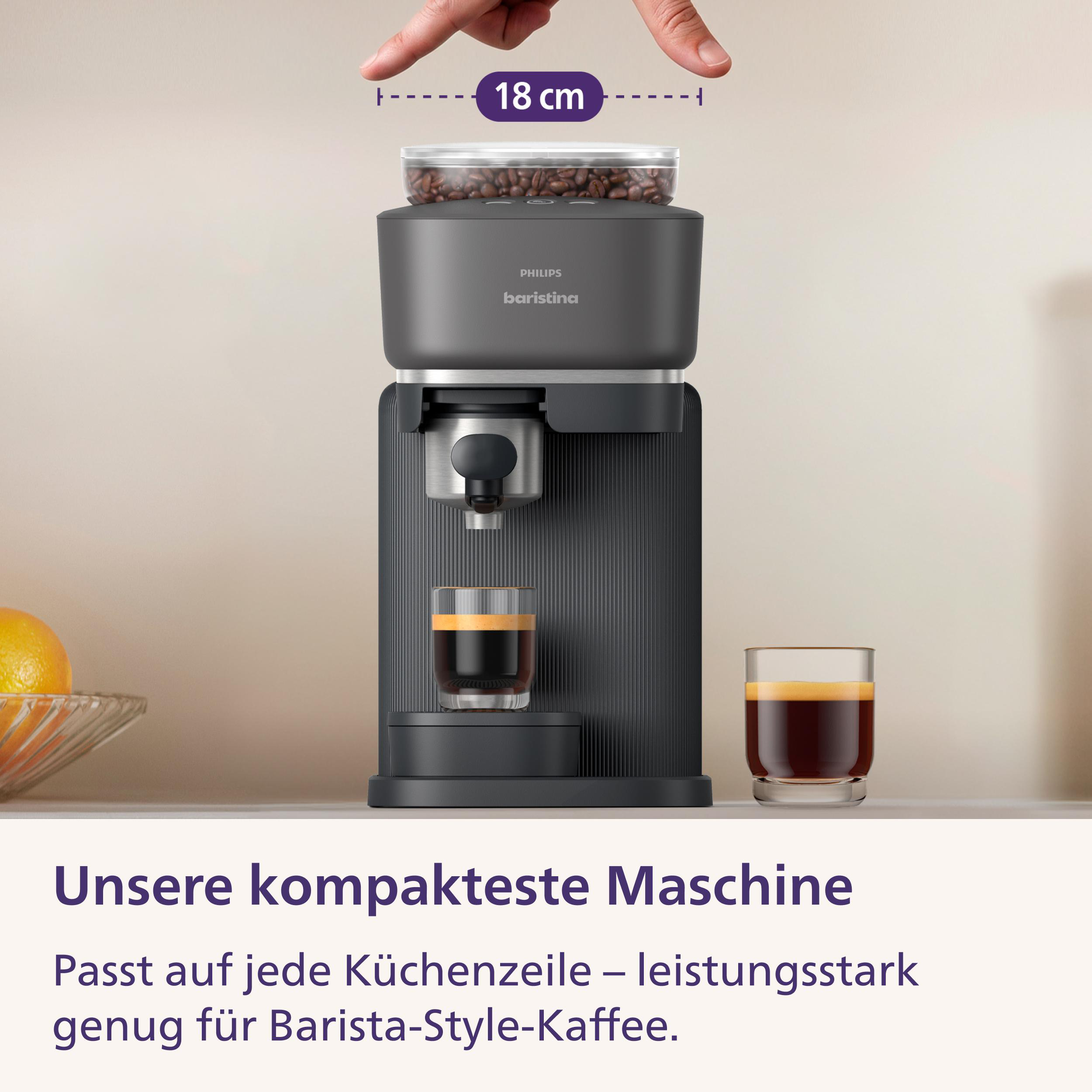 Kompakte graue Philips Baristina Kaffeemaschine mit Bohnenbehälter und zwei Espressogläsern.