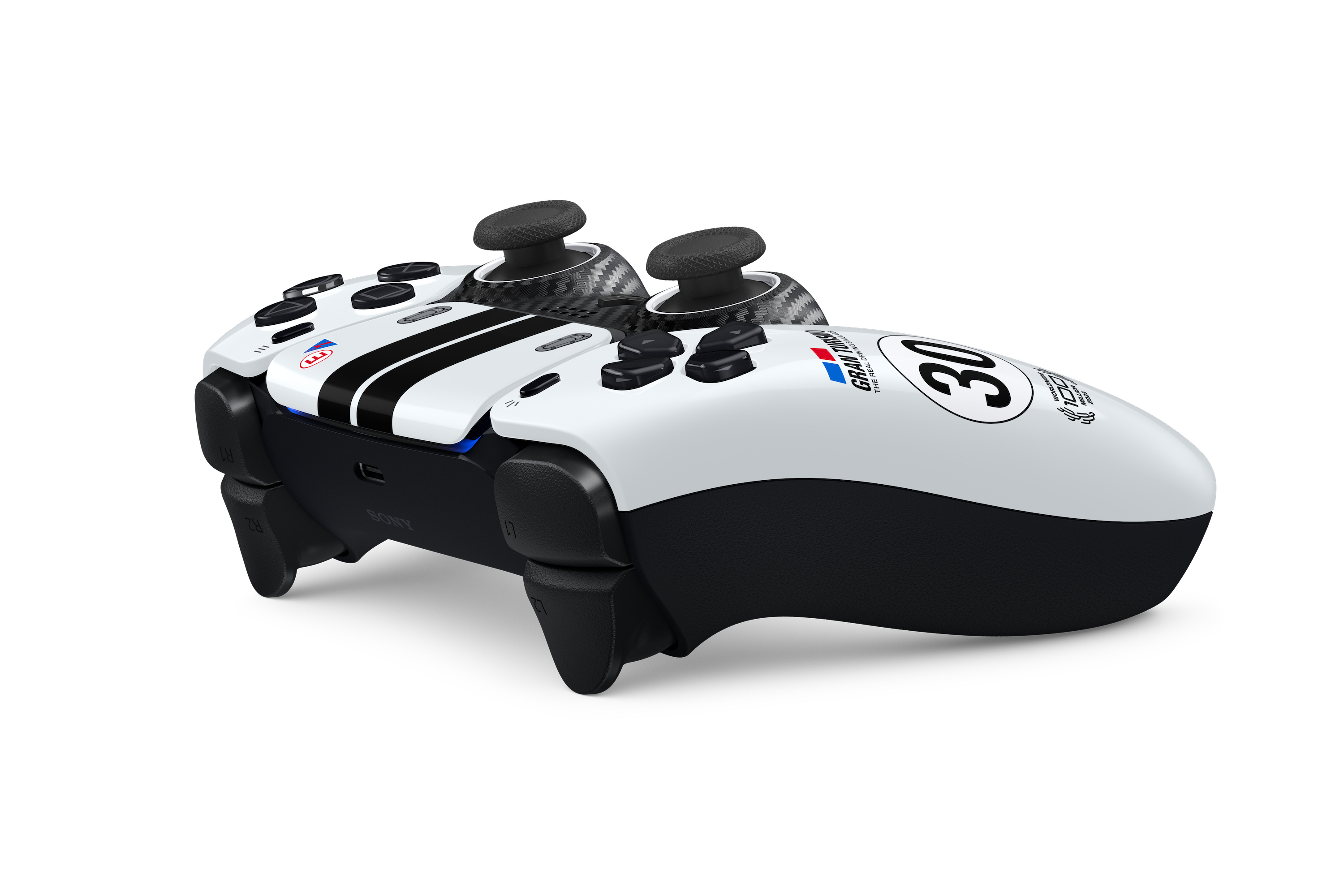 Ein weiß-schwarzer PlayStation-Controller im Rennsport-Design mit der Aufschrift 30.