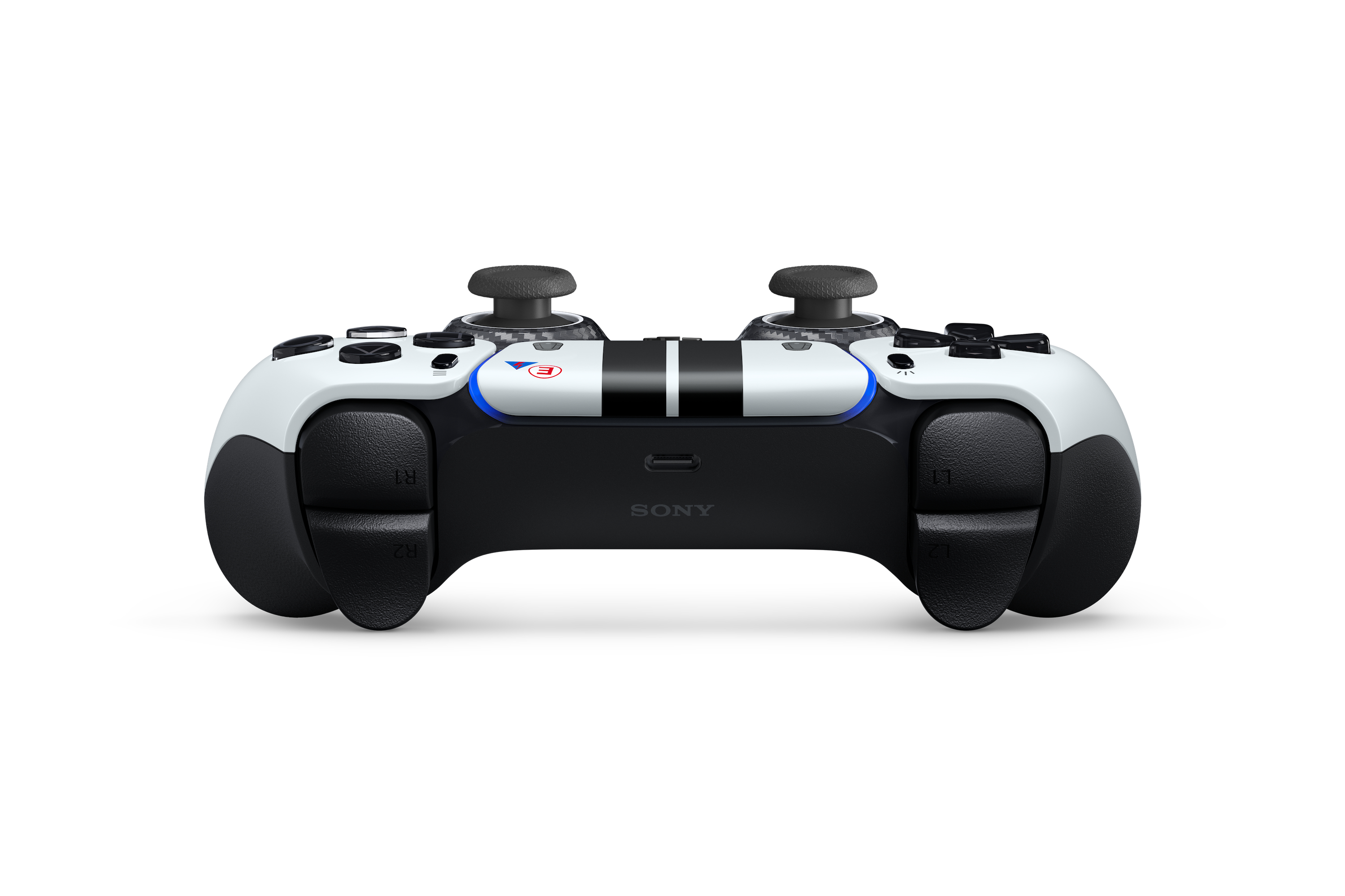 Ein weiß-schwarzer Sony-PlayStation-Controller mit zwei Analogsticks und Triggern vor weißem Hintergrund.