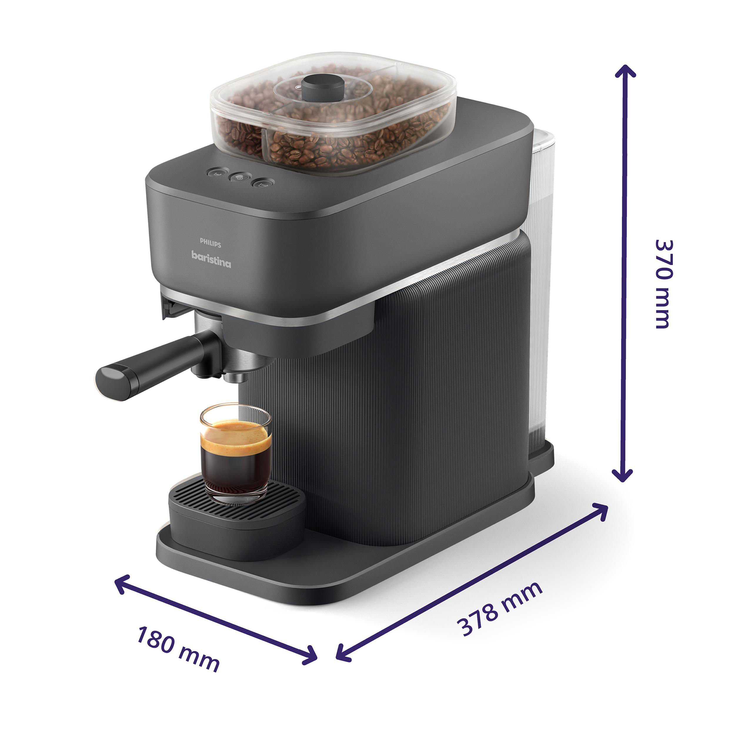 Graue Philips Baristina Espressomaschine mit Kaffeebohnenbehälter und Maßen von 370x378x180 mm.