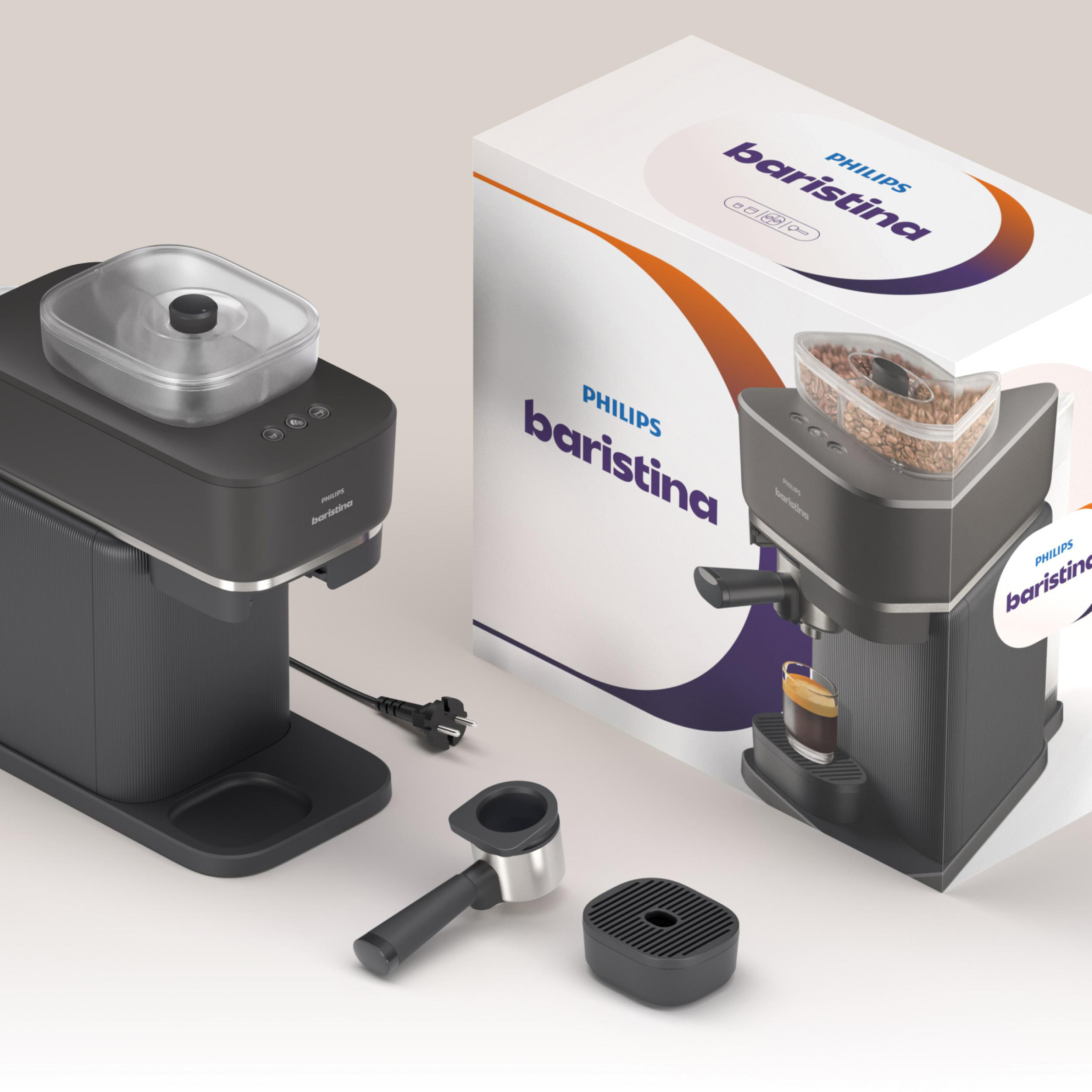 Schwarze Philips Baristina Kaffeemaschine mit Zubehör und Produktverpackung auf hellem Hintergrund.