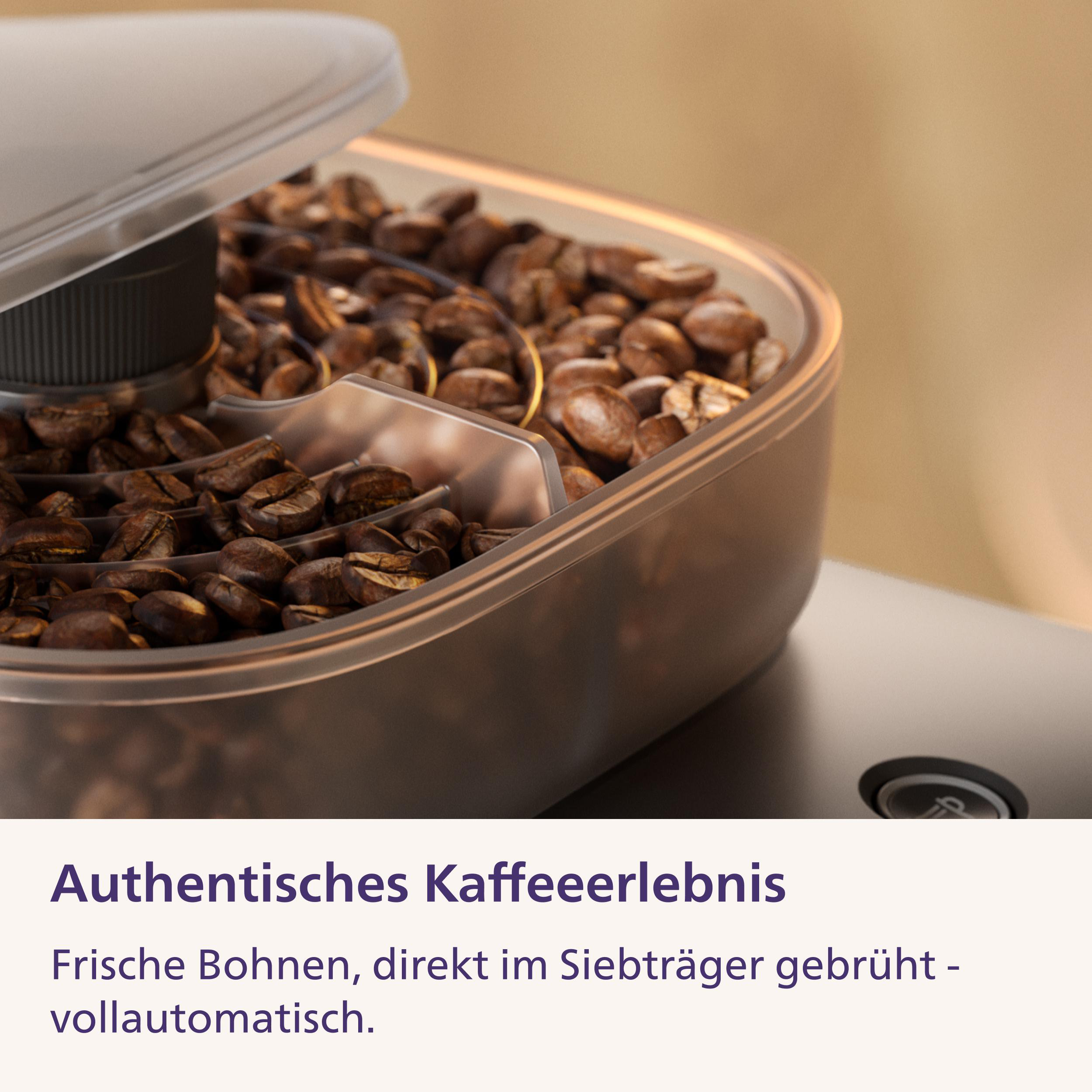 Ein transparenter Kaffeebohnenbehälter einer Espressomaschine, gefüllt mit braunen Kaffeebohnen.