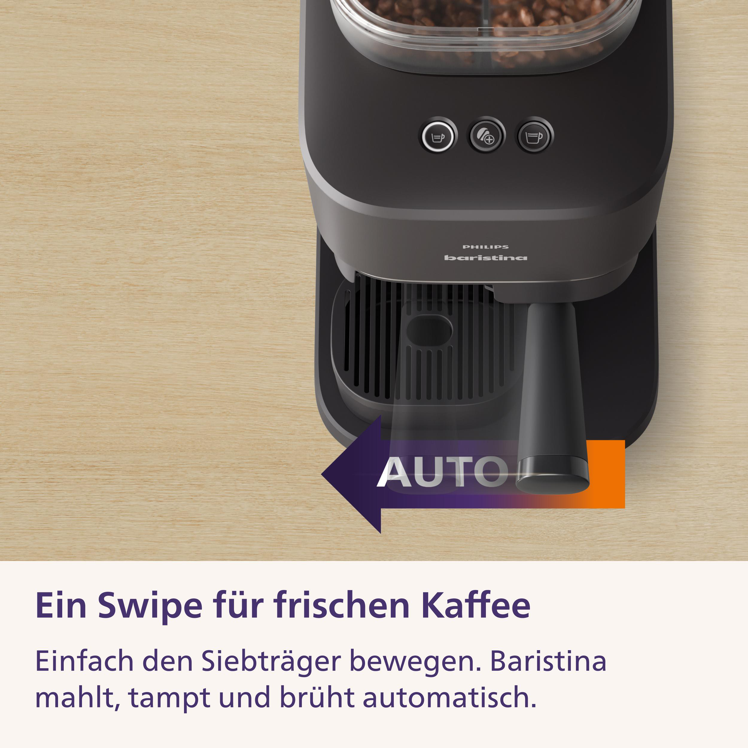 Top-Down-Ansicht einer schwarzen Philips Baristina Kaffeemaschine auf Holztisch mit Text.