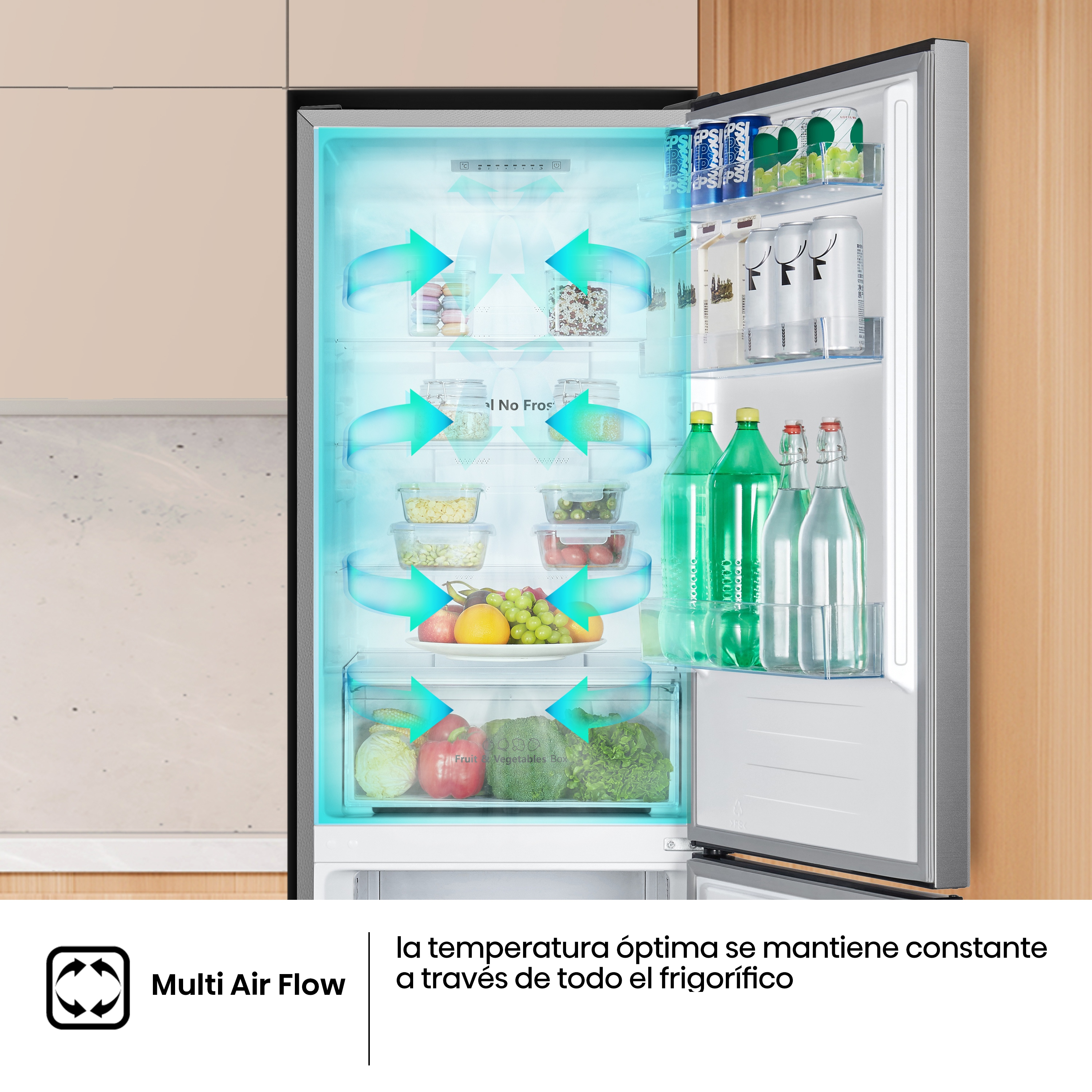 Frigorífico abierto con tecnología Multi Air Flow muestra alimentos refrigerados.