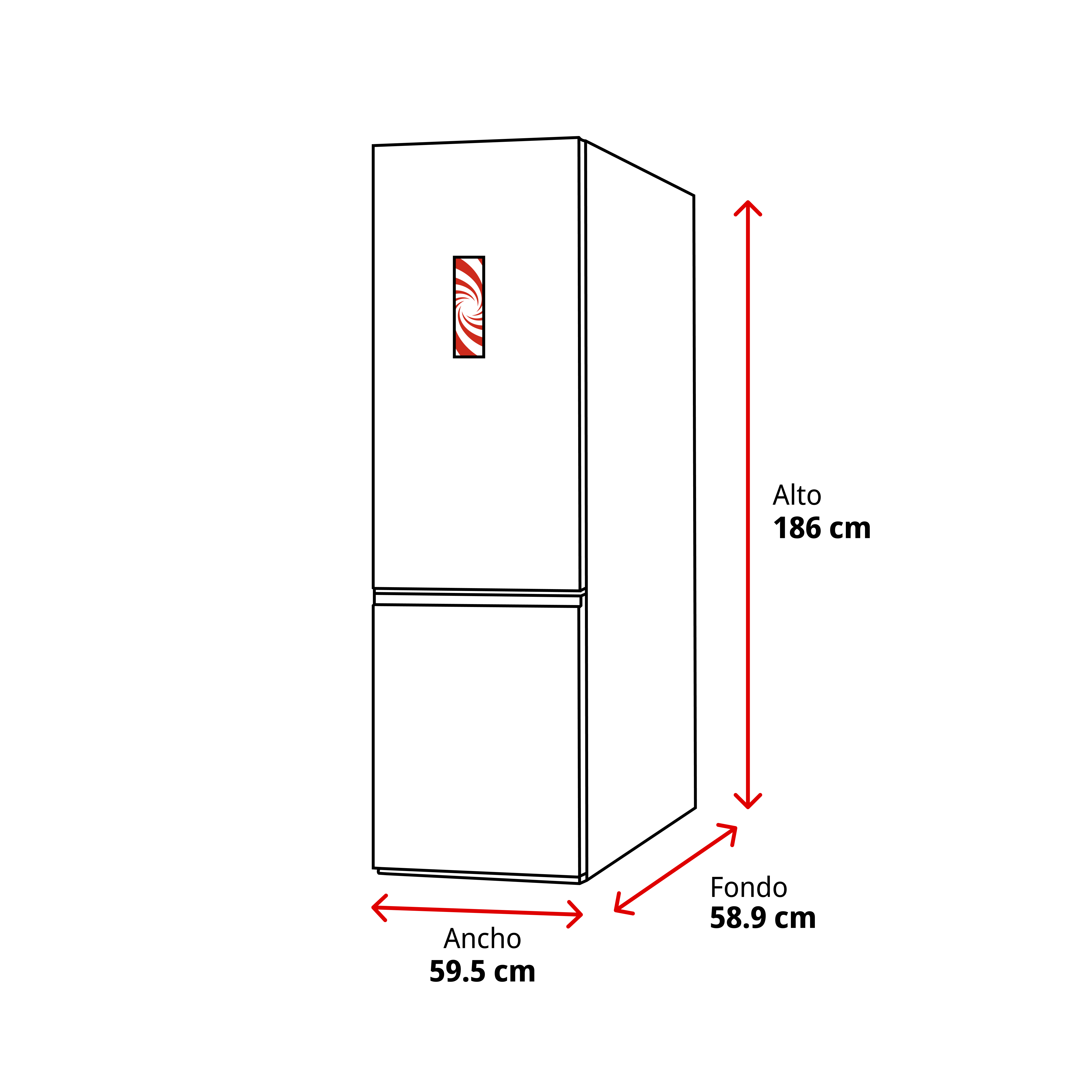Dibujo de un refrigerador con flechas rojas y medidas: alto 186 cm, ancho 59,5 cm, fondo 58,9 cm.