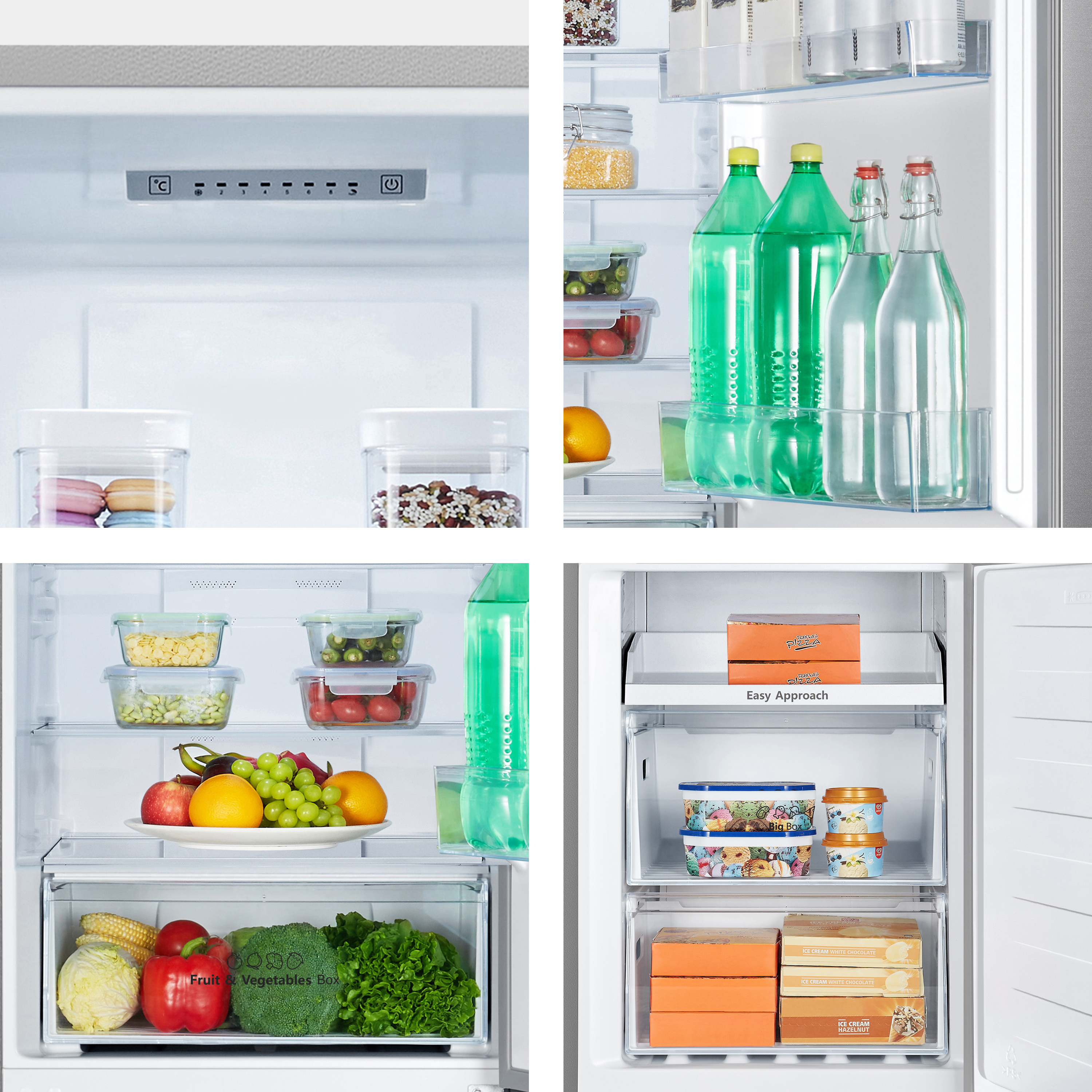 Cuatro vistas del interior de un frigorífico organizado con comida y verduras.