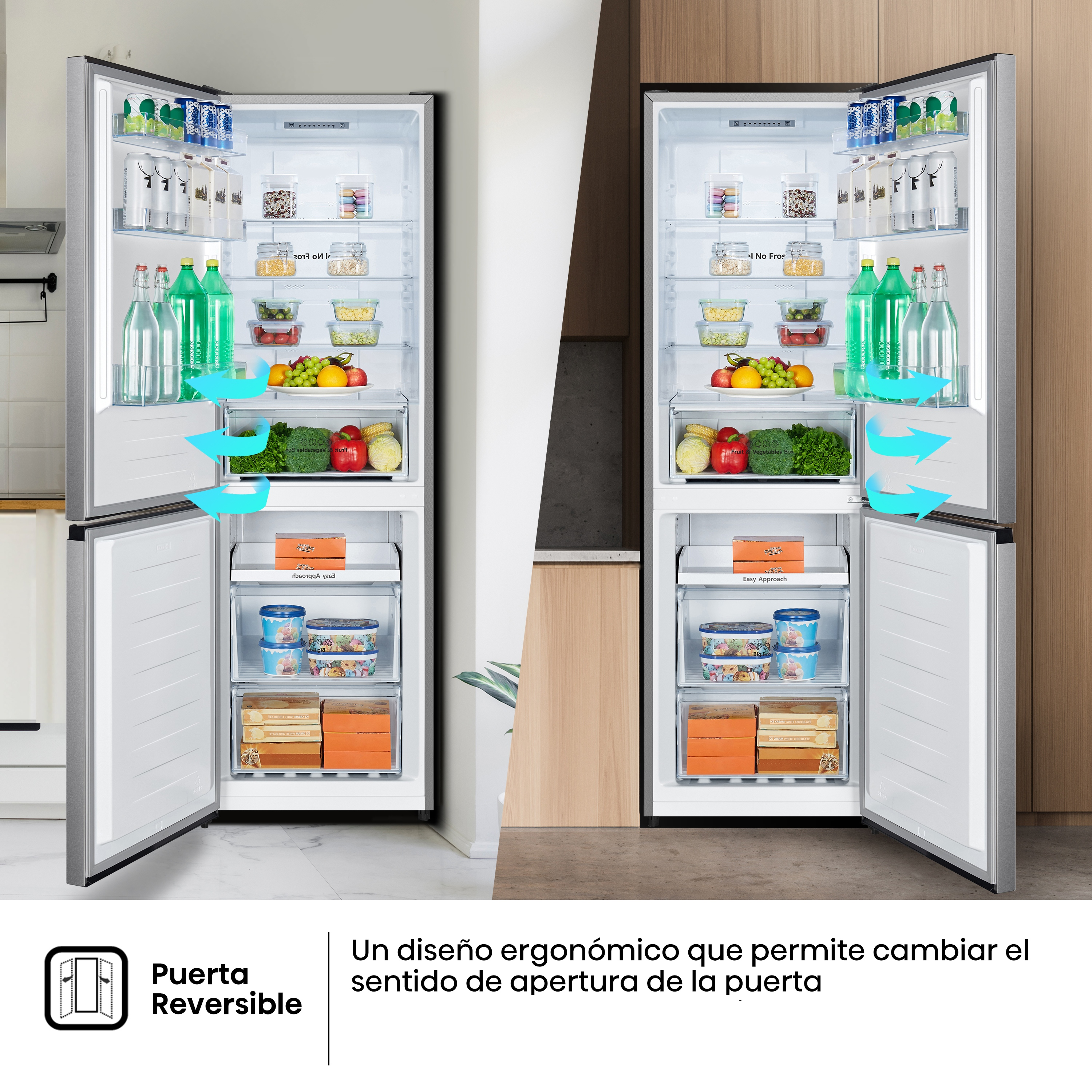 Dos vistas de un refrigerador abierto con estantes llenos de alimentos, bebidas y puerta reversible.